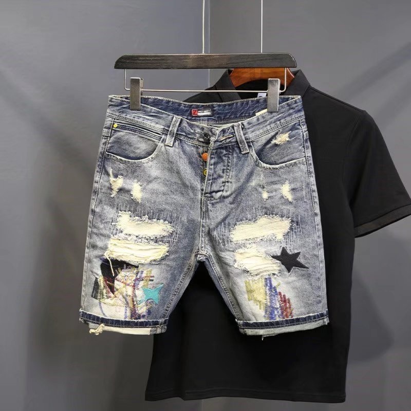 Men'S Fashion Jeans - Summer Men's Fashion Scraped Patch Beggar